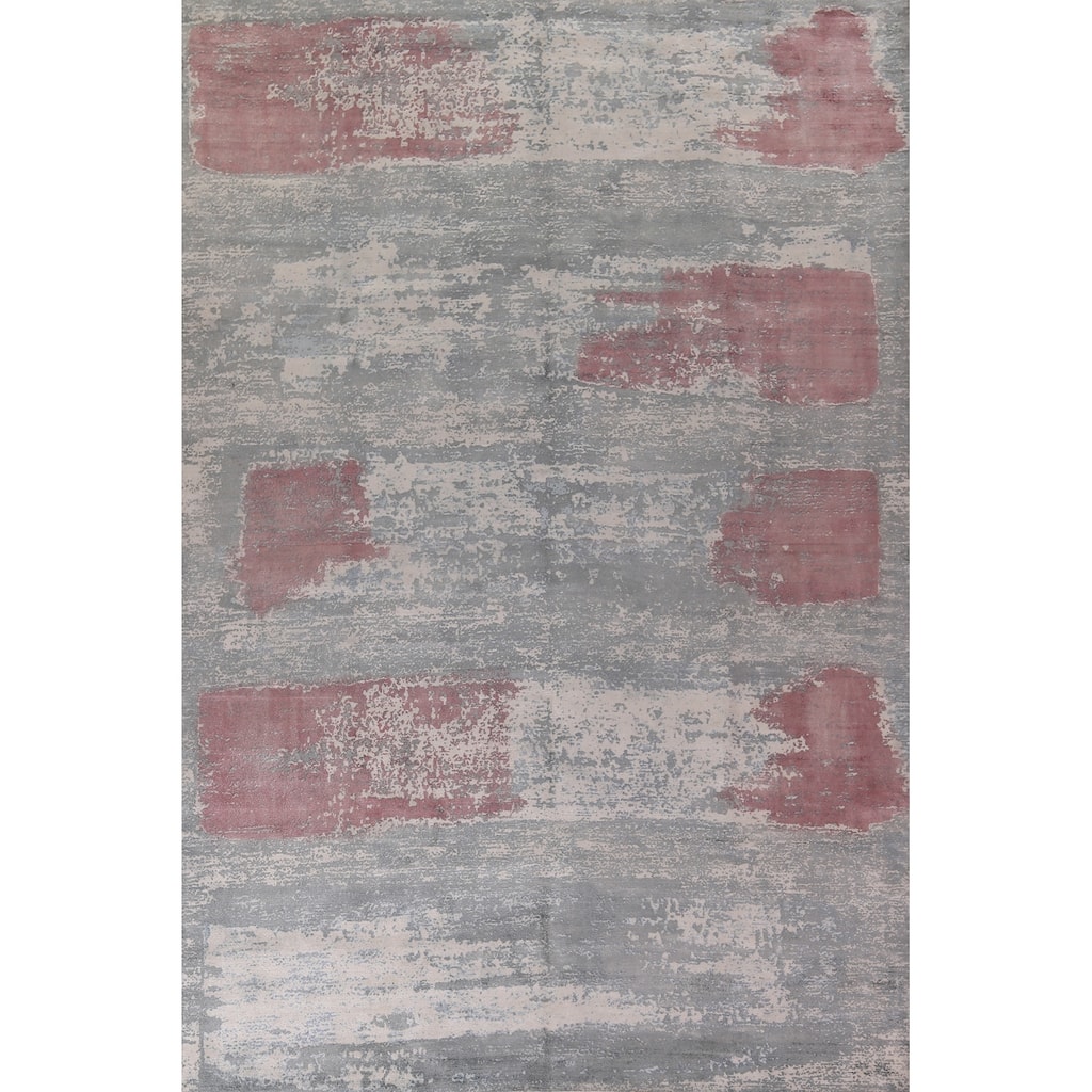 Gray Abstract Indian Area Rug Hand-Knotted Wool Carpet - 8'11"x 11'11"