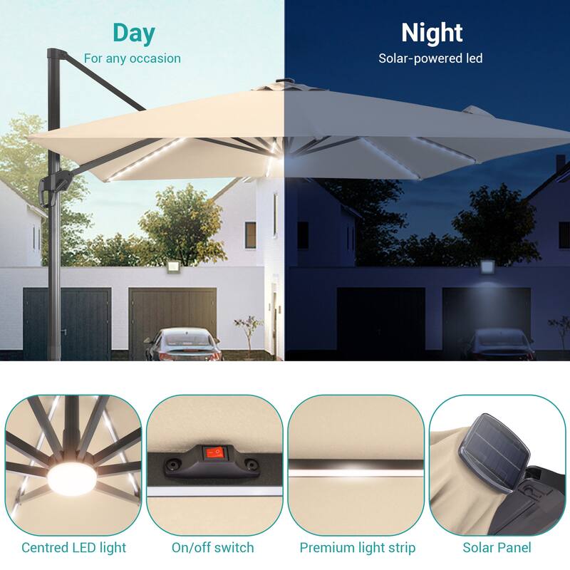 BONOSUKI 11.5x9FT LED Cantilever Patio Umbrella 360 Rotation w/Base