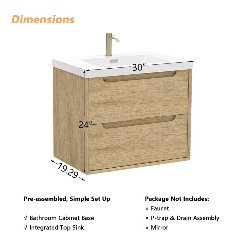 Prismis 24" 30" Wall-Mount Premium Bathroom Vanity with Integrated Sink