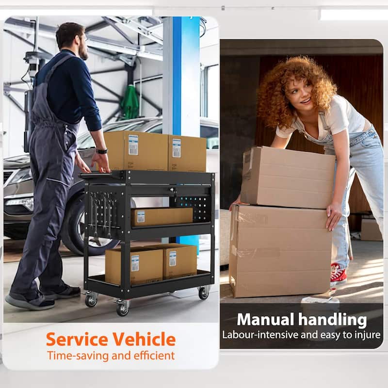 3-Tier Rolling Tool Cart on Wheels for Mechanics with Utility Drawer