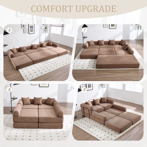 dimension image slide 0 of 5, HOMEFUN Corduroy Upholstered Convertible Folding Sofa Bed with Fixed Frame and Pillow Back Handrail