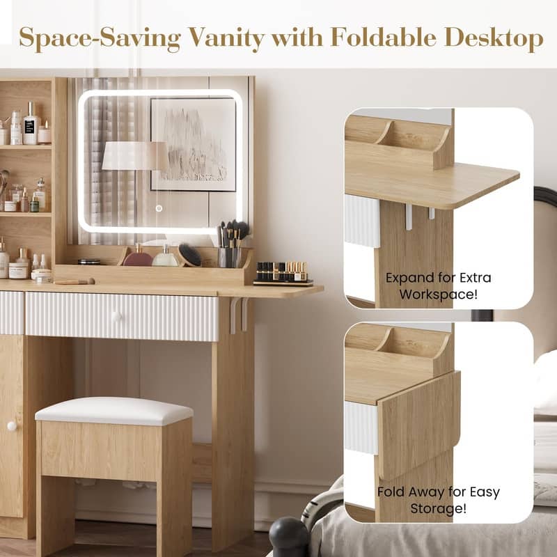 Makeup Vanity Desk with Mirror, Charging Station, Storage Drawers， Stool