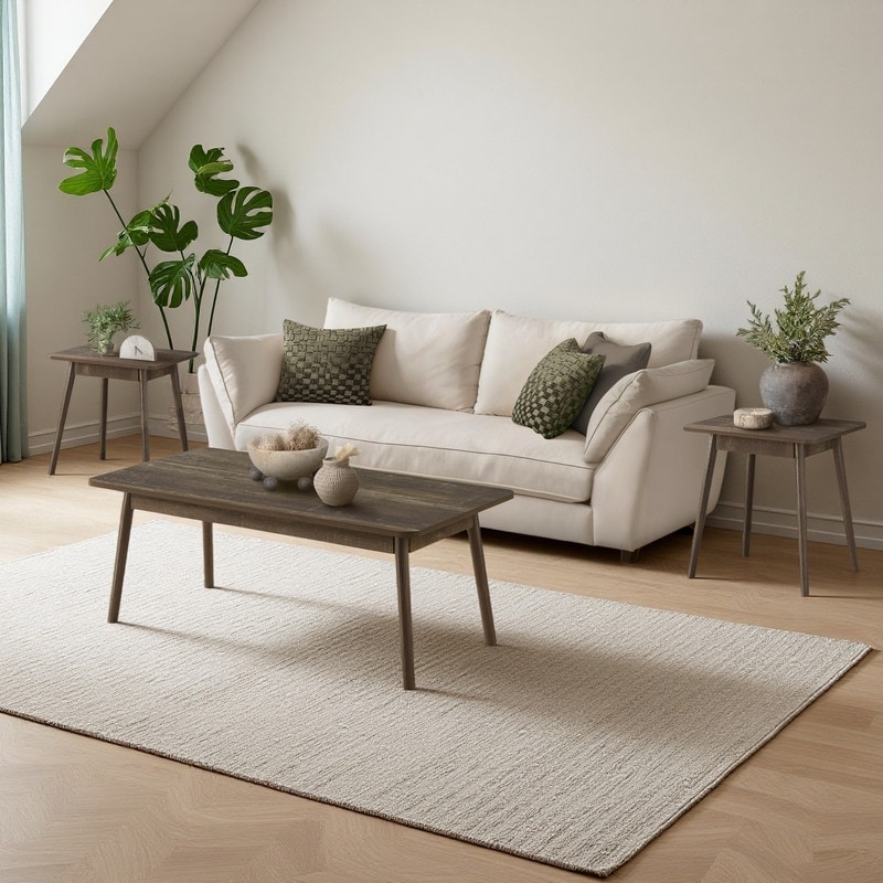 3-Piece Mid-Century Modern Table Set, Laminate Coffee Table & End Tables with Solid Wood Legs