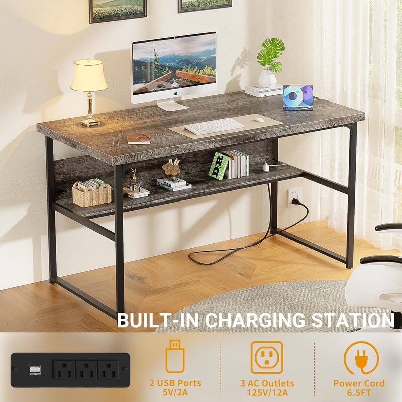 Executive Desk Computer Desk with Extra Thick Tabletop, Simple Office Desk Workstation Study Writing Table with Power Outlets