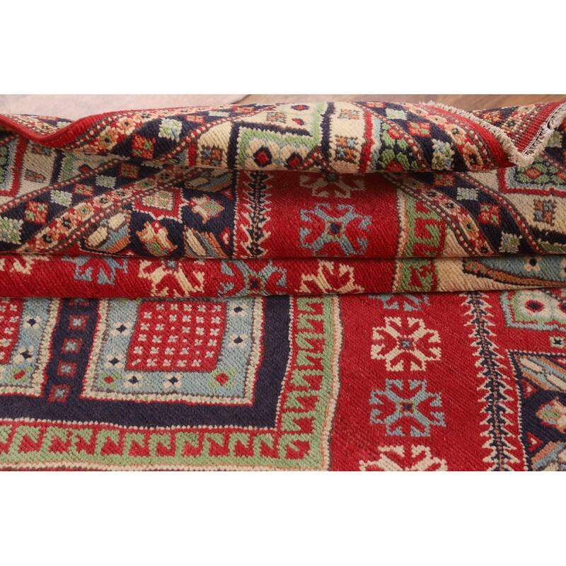 Geometric Kazak Area Rug Hand-Knotted Oriental Wool Carpet - 4'10" x 6'6"