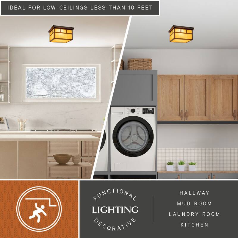 Mission Bronze Square Outdoor Flush Mount Ceiling Light Honey Glass - 11.5-in W x 7-in H x 11.5-in D