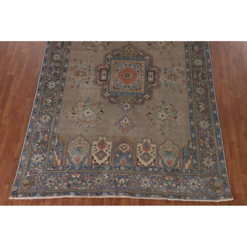 Brown Geometric Bakhtiari Persian Vintage Rug Handmade Wool Carpet - 6'9"x 9'4"
