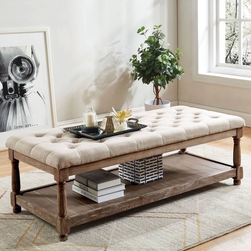 Linen and Wood Bench with Open Shelf