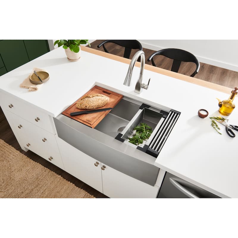Ruvati 27-inch Apron-front Workstation Farmhouse Kitchen Sink 16 Gauge Stainless Steel Single Bowl - RVH9050 - 27" X 22"