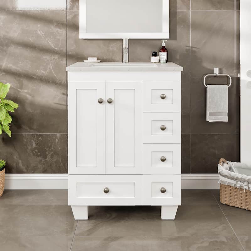 Eviva Happy 24"W x 18"D White Bathroom Vanity with White Carrara Quartz Vanity Top and Rectangular Undermount Sink - N/A