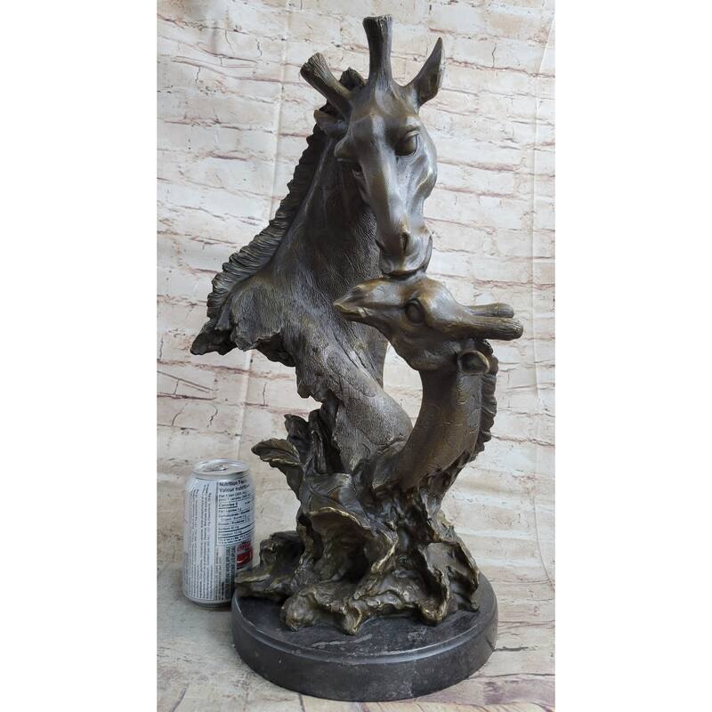 Mother And Baby Giraffe Bronze Bust Sculpture Statue Figure Decor 18 Inches X 9 Inches