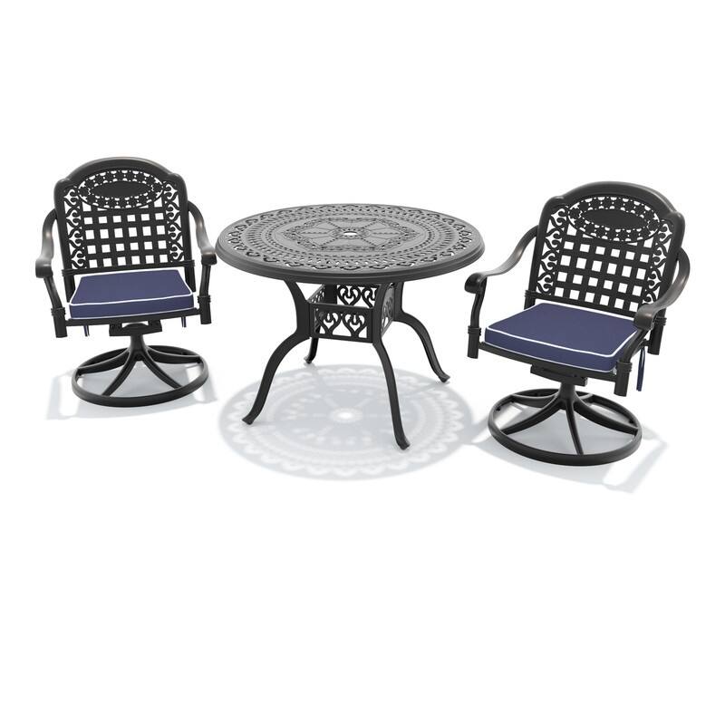 3-Piece Aluminum Round Outdoor Patio Dining Set, 2 Cushioned Swivel Chairs, Table, All-Weather Frames