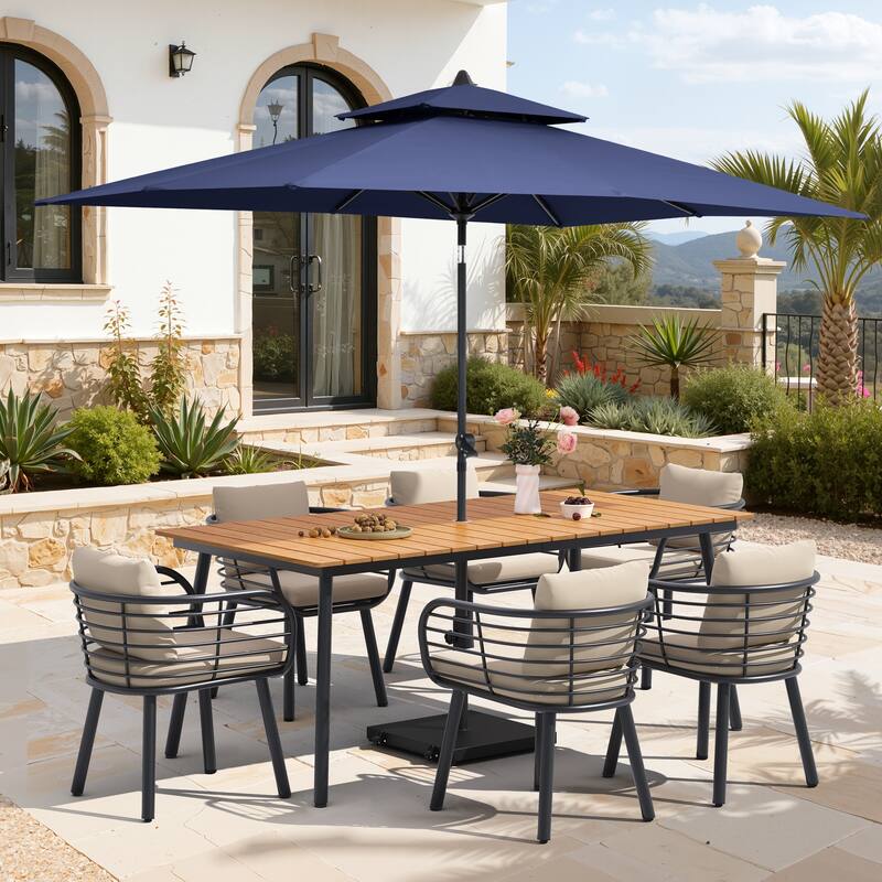 9-Piece Outdoor Patio Dining Set w/10 ft Umbrella and Base Aluminum Dining Table and Chairs with Sunbrella Cushion - Brown Table with Navy Blue Umbrella