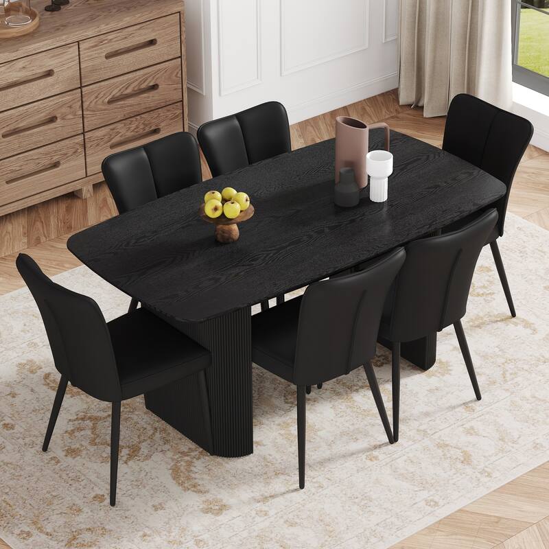 7-Piece Dining Table Set.67 * 35.4 inch wood grain MDF dining table with 6 PU chairs with a vertical stripe design