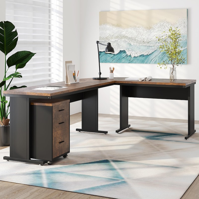83" L-Shaped Executive Desk, Large L Office Desk with 3-Drawer Mobile File Cabinet, Business Furniture Desk Workstation