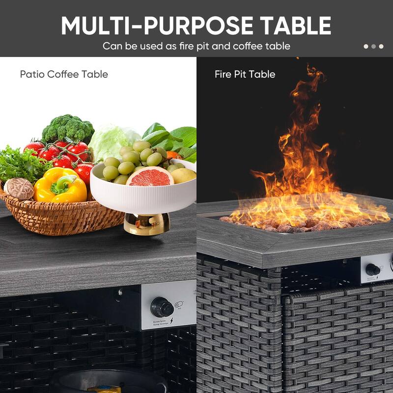 Pocassy Outdoor Sofa Ottoman Swivel Chair Table with Fire Table Set.