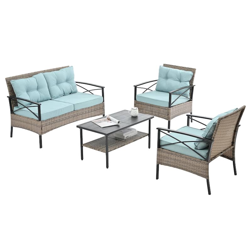 4 PC Outdoor Patio Seasonal PE Wicker Furniture Set w/ Black Metal Table Conversation Set for Lawn, Garden, Backyard