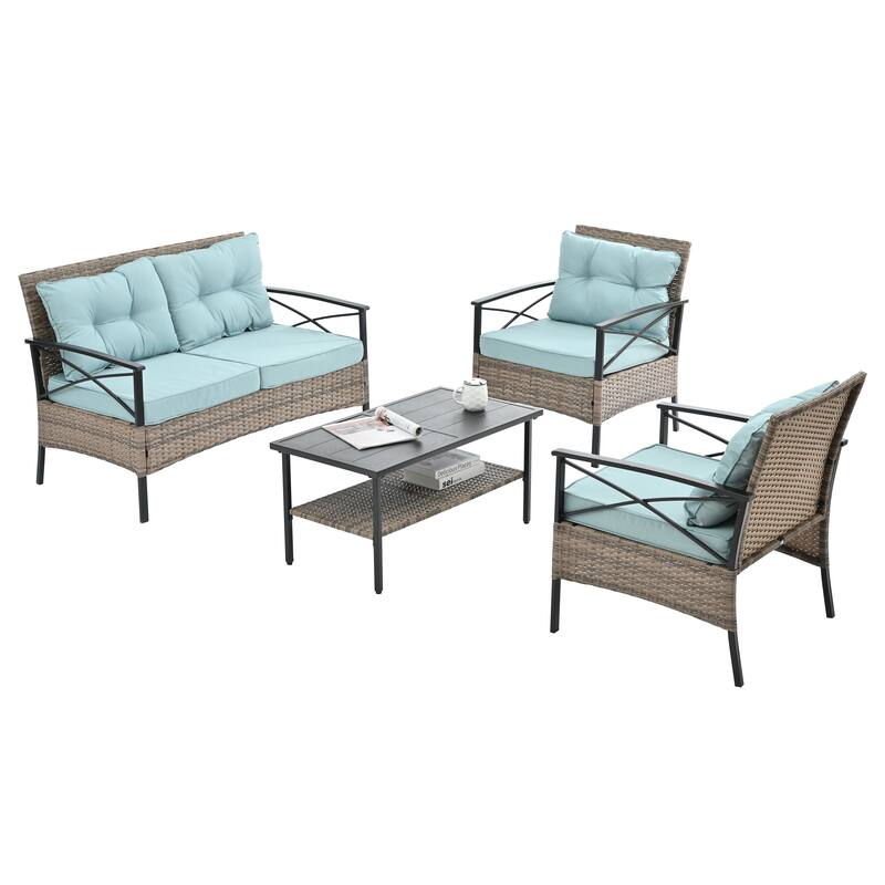 GDFStudio - Palermo 4-Piece Outdoor PE Wicker Patio Set with Cushions and Black Metal Coffee Table, Seats 4