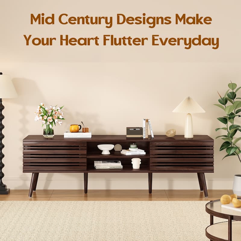 Mid Century Modern TV Stands for up to 70" TV with Storage, Fluted Wood TV Stand for Living Room, Boho Media Console