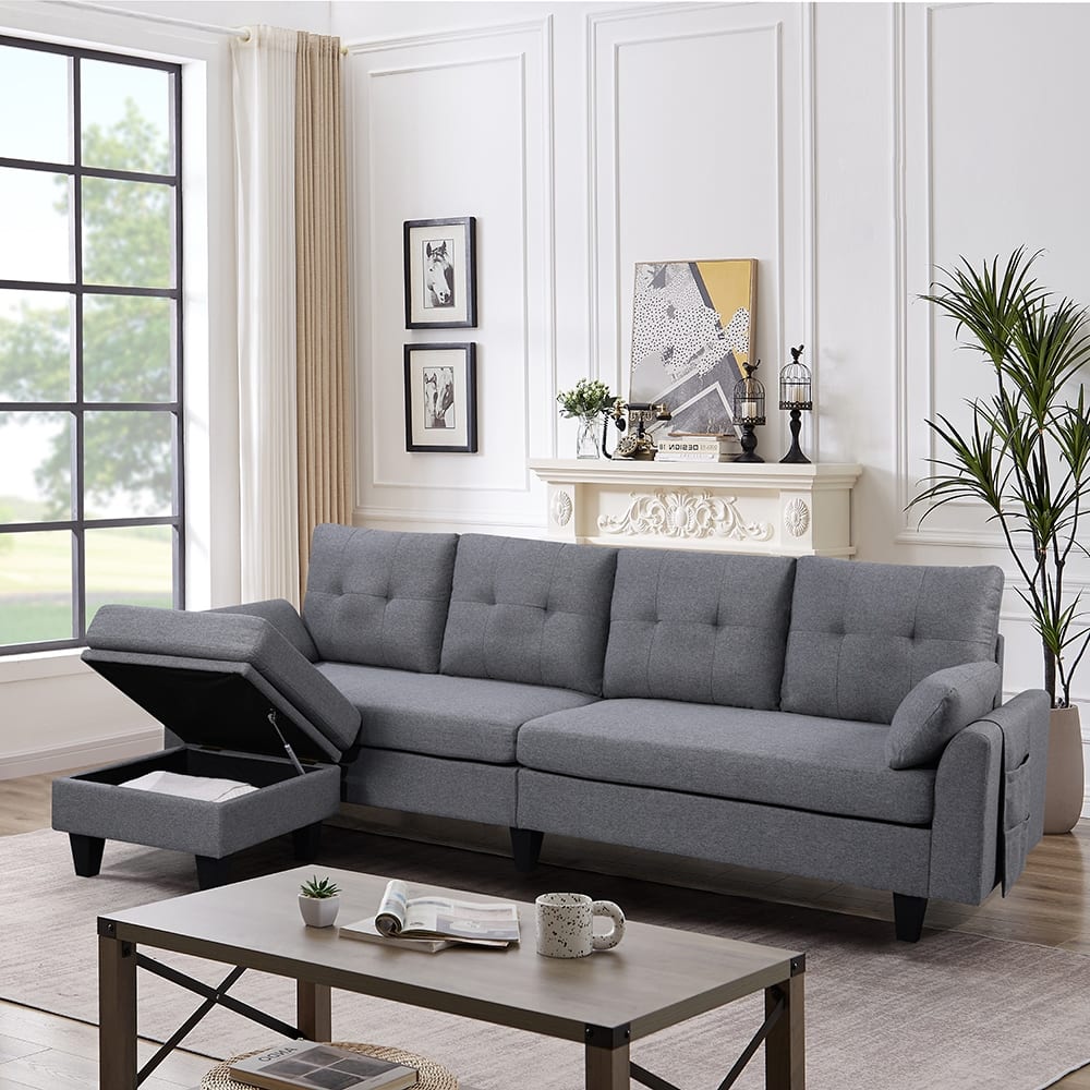 Modern Sectional Sofa Couch L Shaped With Chaise Storage Ottoman and Side Bags For Living Room