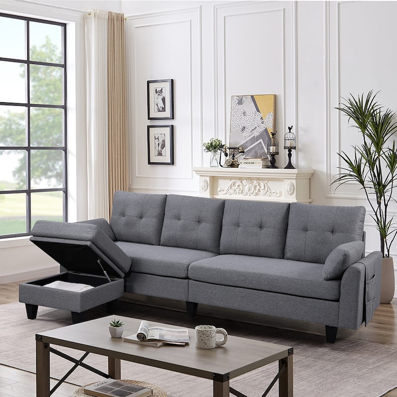 Modular Sectional Sofa Couch L Shaped With Chaise Storage Ottoman and Side Bags For Living Room - Grey