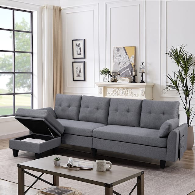Modular Sectional Sofa Couch L Shaped With Chaise Storage Ottoman and Side Bags For Living Room - Lightgrey