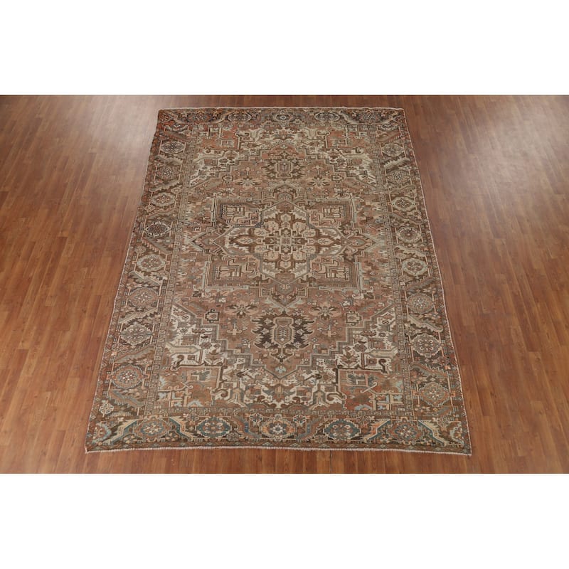 Geometric Heriz Vintage Persian Area Rug Hand-Knotted Wool Carpet - 8'0" x 10'9"