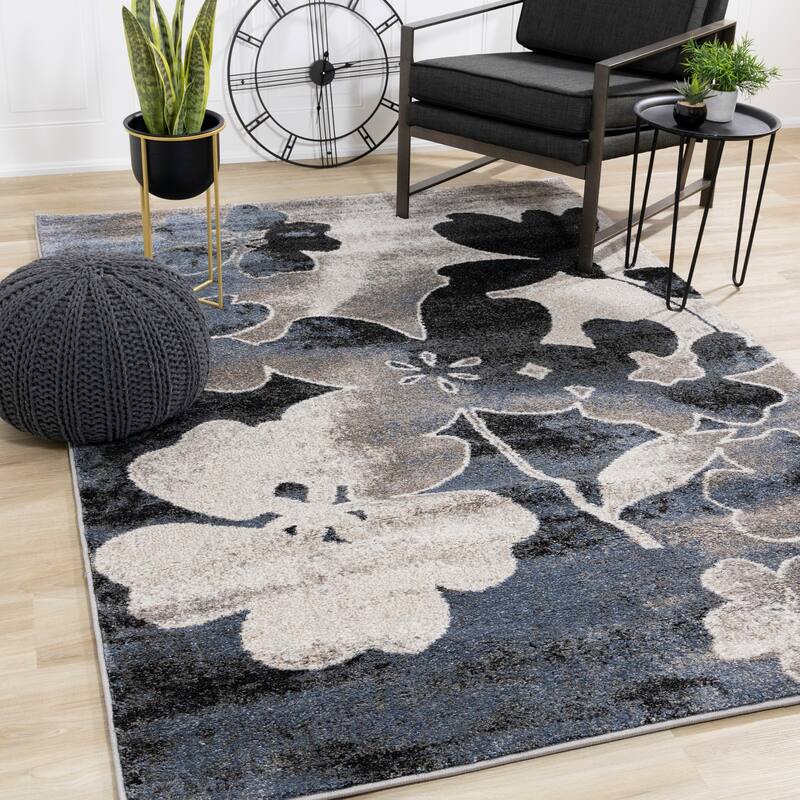 Brookfield Collection - Blue/Cream/Black Floral Rug