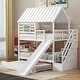 preview thumbnail 14 of 22, Twin Over Twin House Bunk Bed with Slide & Trundle, Solid Wood Bunk Bed Frame w/Storage Staircase, Roof & Window for Kids, Teens White - Twin