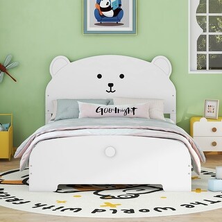 Full Size Wood Platform Bed with Bear-Shaped Headboard, Footboard, and Wooden Support