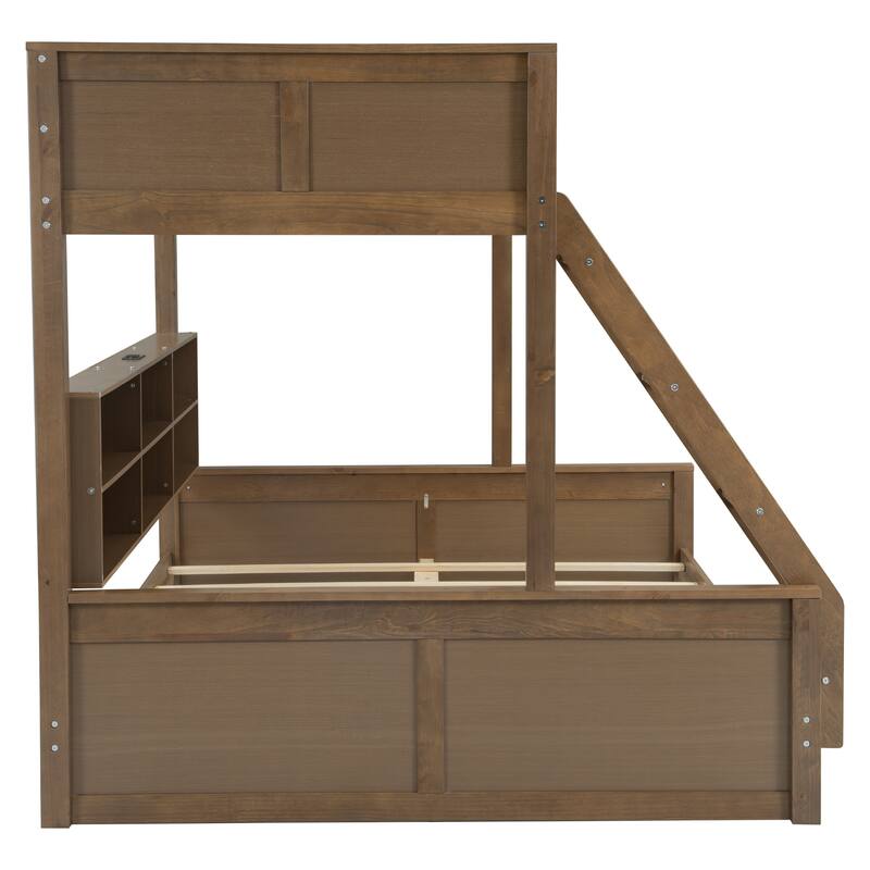 Twin XL over Queen Bunk Bed with Storage Cabinets and USB Ports in Antique Wood Finish