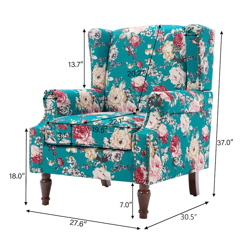 Traditional Floral Patterned Wingback Armchair with Nailhead Trim