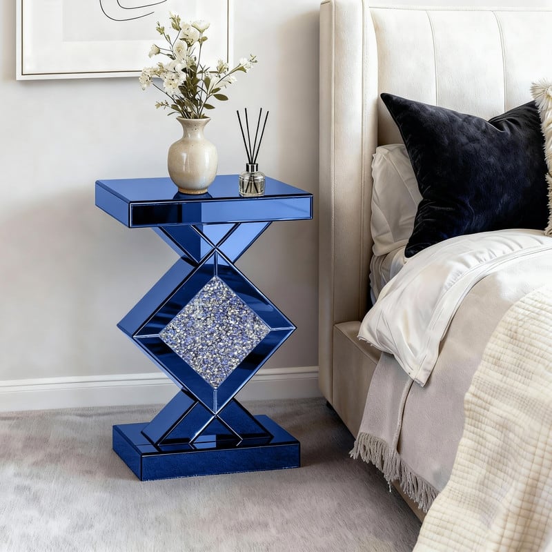 23" Tall Mirrored Glass End Table With Crushed Diamond - Blue