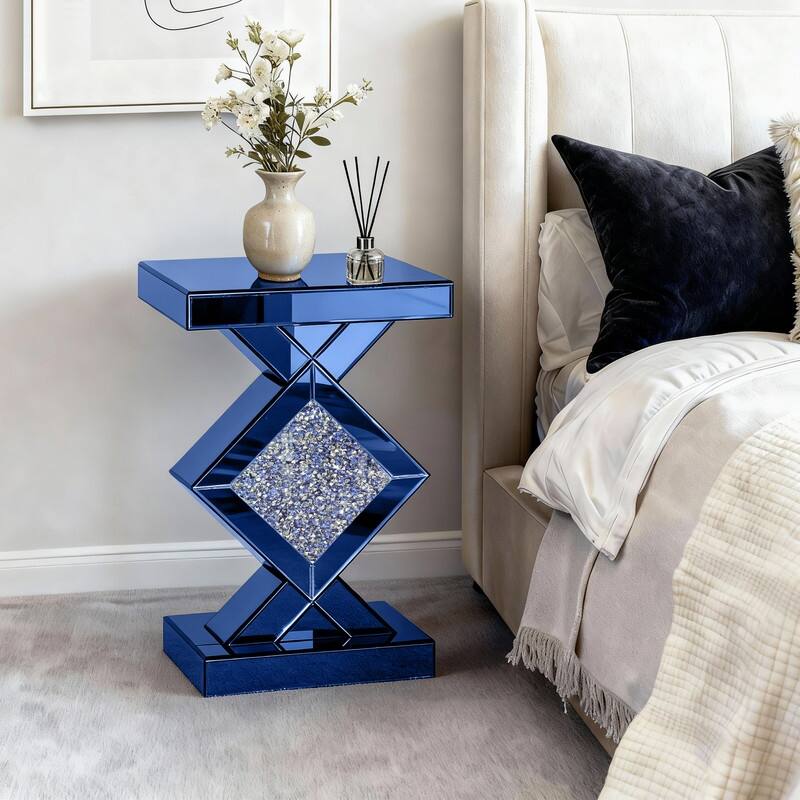 23" Tall Mirrored Glass Pedestal End Table With Crystal Inlay