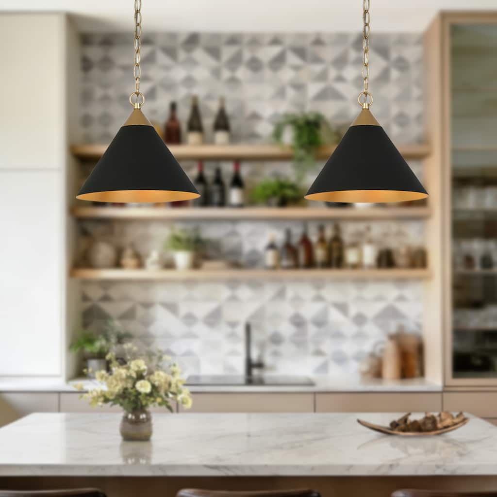Modern Farmhouse 1-light Black Gold Pendant with Metal Cone Shade Kitchen Islands Lights for Dining Room - 11.8 " × 10 "
