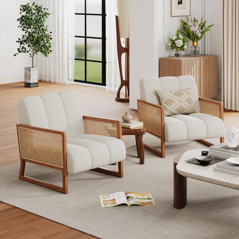 Rattan Accent Chairs, Upholstered Natural Rattan Chair Mid Century Modern Linen Armchair Side Chairs for Living Room Bedroom