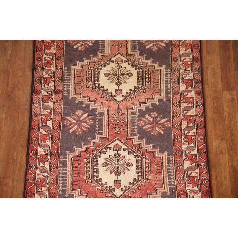 Geometric Ardebil Persian Vintage Runner Rug Hand-Knotted Wool Carpet - 3'10"x 8'6"