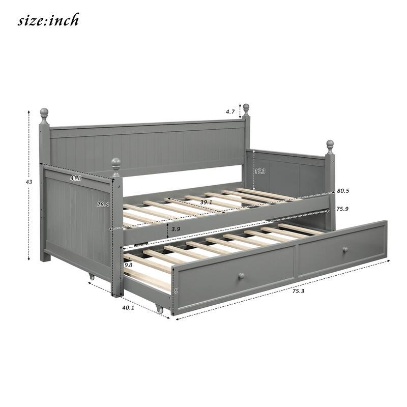 Wood Daybed Twin with Trundle, Twin Size Daybed Frame Sofa Bed