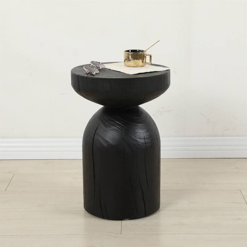 Solid Mango Wood Side End Table in Black, 17.7 inch Round Contemporary Wooden Accent Table, Small Round Plant Stand