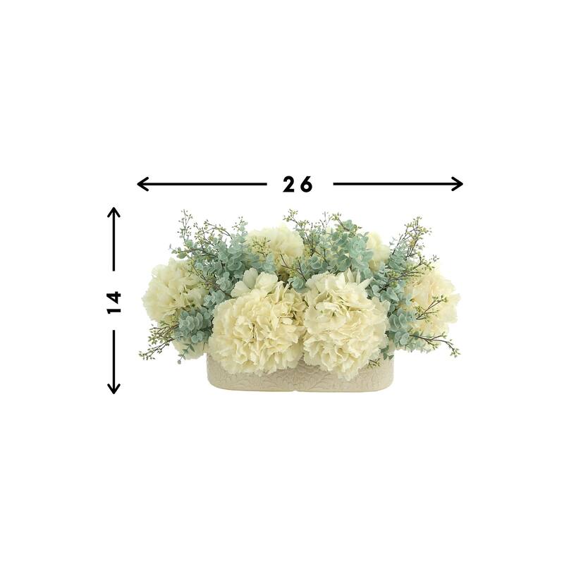 Hydrangea and Eucalyptus Arrangement in an Oblong Ceramic Vase - Cream, Aqua, Teal