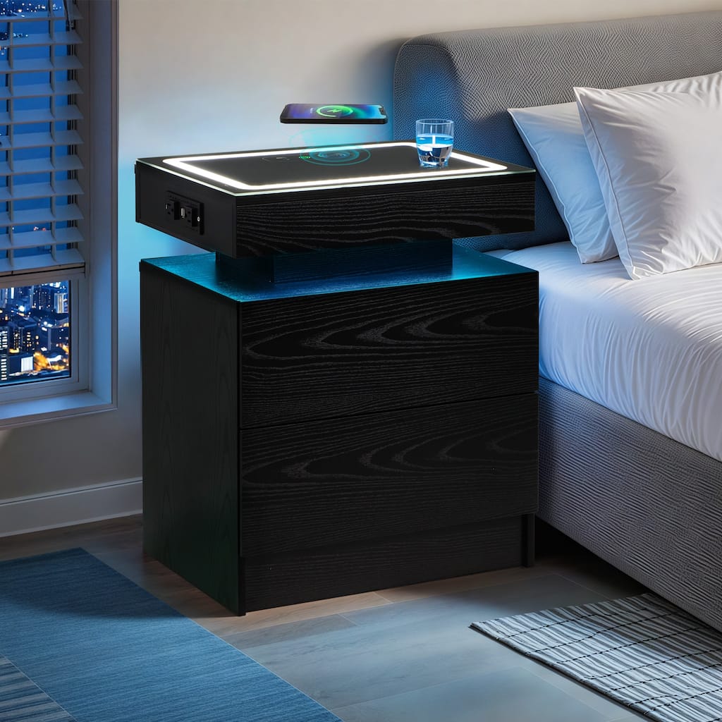 EROMMY LED Nightstand with Charging Station, Floating Bedside Table with Drawers and RGB Lights