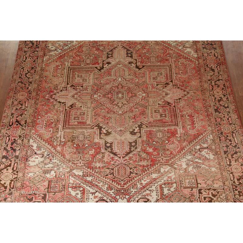 Red & Pink Geometric Heriz Persian Vintage Rug Handmade Wool Carpet - 8'5"x 11'5"