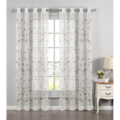 Wavy Leaves Embroidered Sheer Extra Wide Window Curtain (Single Panel)