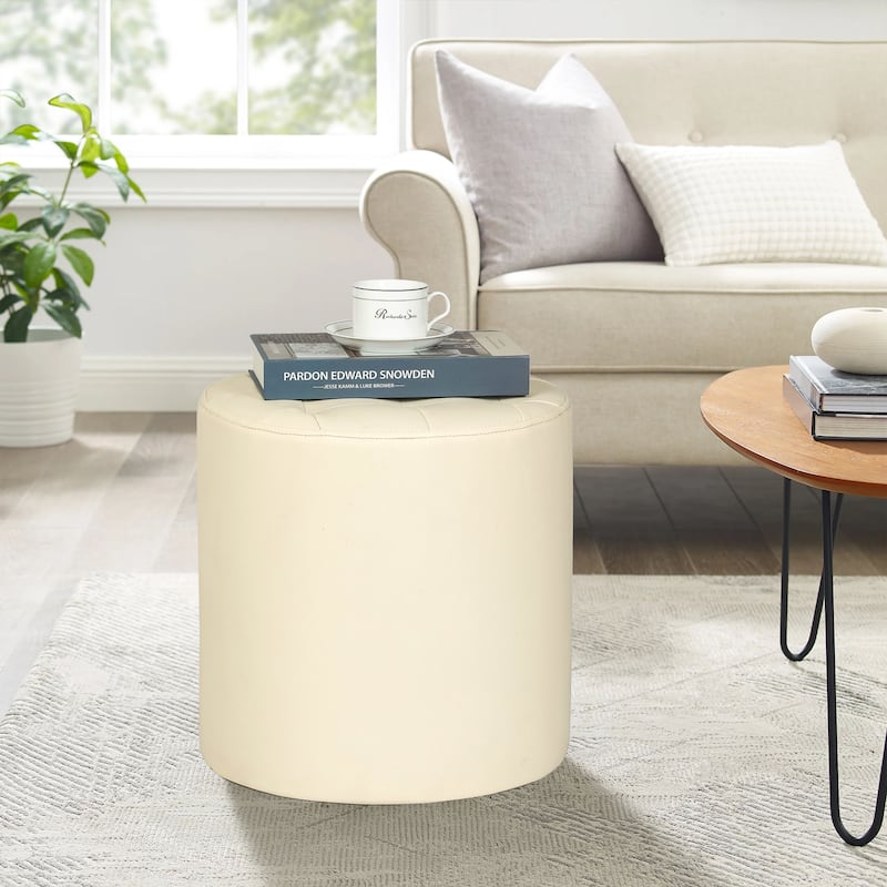 Adeco Round Ottoman Upholstered Tufted Faux Leather Footrest - Ivory - Medium