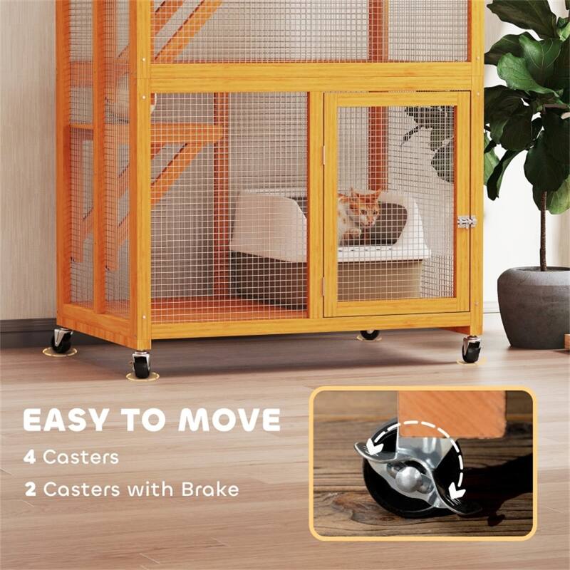 Fir Wood Steel Cat Cage with Wheels and Multi-Levels