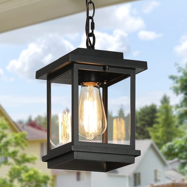 slide 2 of 12, Modern Farmhouse Black 1-Light Outdoor Glass Pendant Light Patio Hanging Lantern - L 6.7"* W 6.7"* H 11.8"