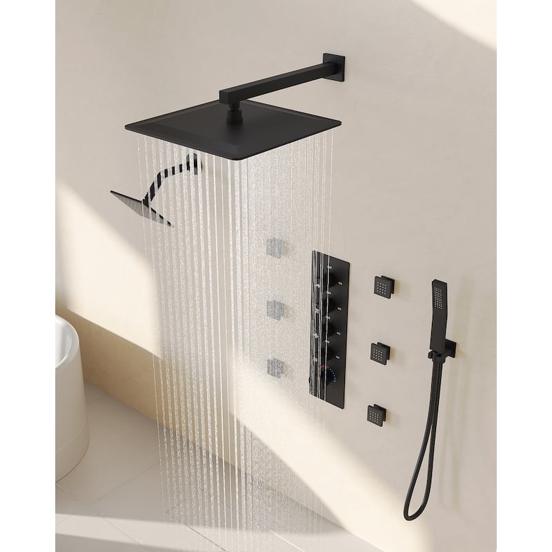 GRANDJOY Shower System Dual Shower Heads 16" and 6" Wall Mounted High Pressure Handheld Spray 6 Body Jets Thermostatic