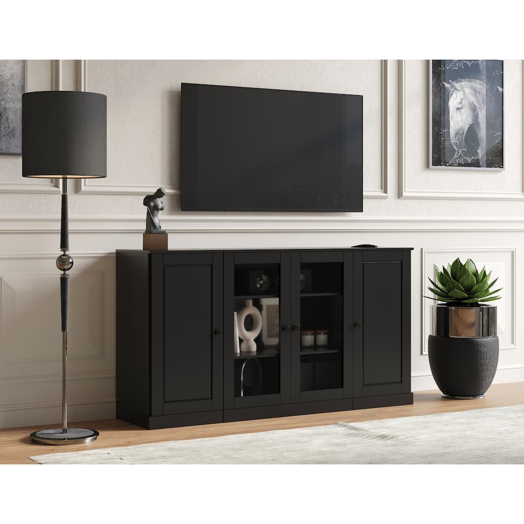 Palace Imports 100% Solid Wood TV Stand with Clear Glass & Raised Panel Doors for TVs up to 65"