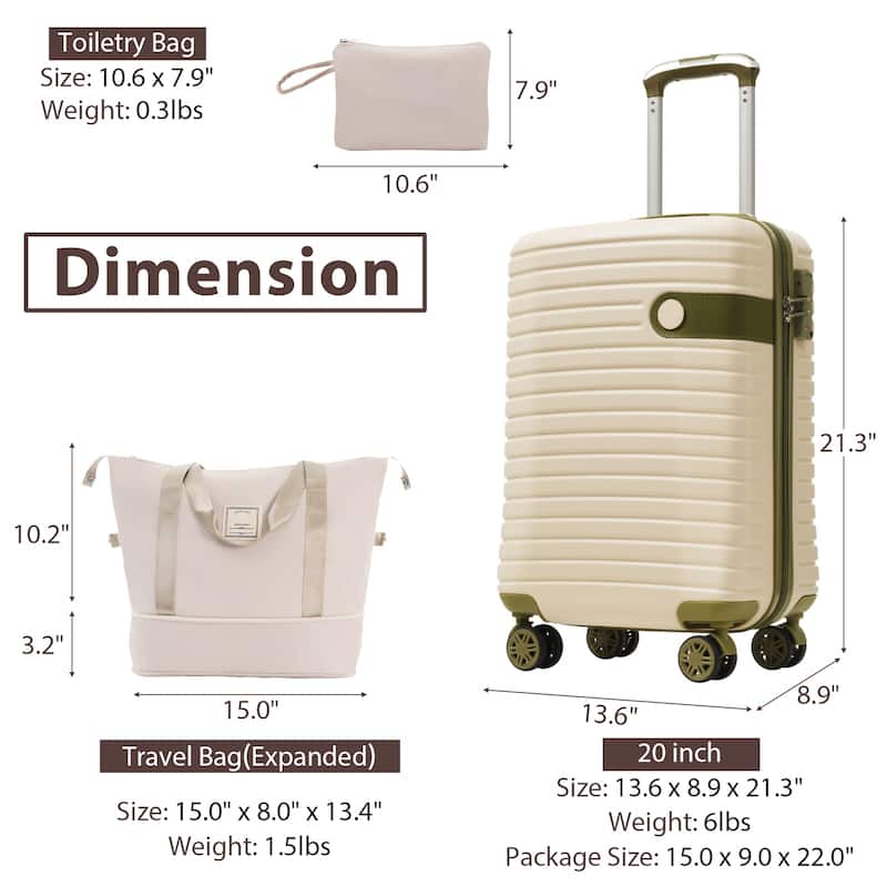 3 Piece Carry on Luggage Set, ABS Hardshell Lightweight Durable Suitcase with Wheels and Duffel Bag & Toiletry Bag, for Travel