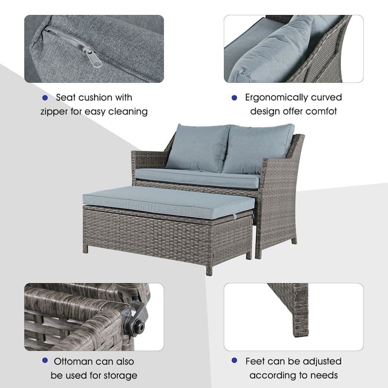 2-Piece Outdoor Patio Furniture Wicker Loveseat and Storage Ottoman